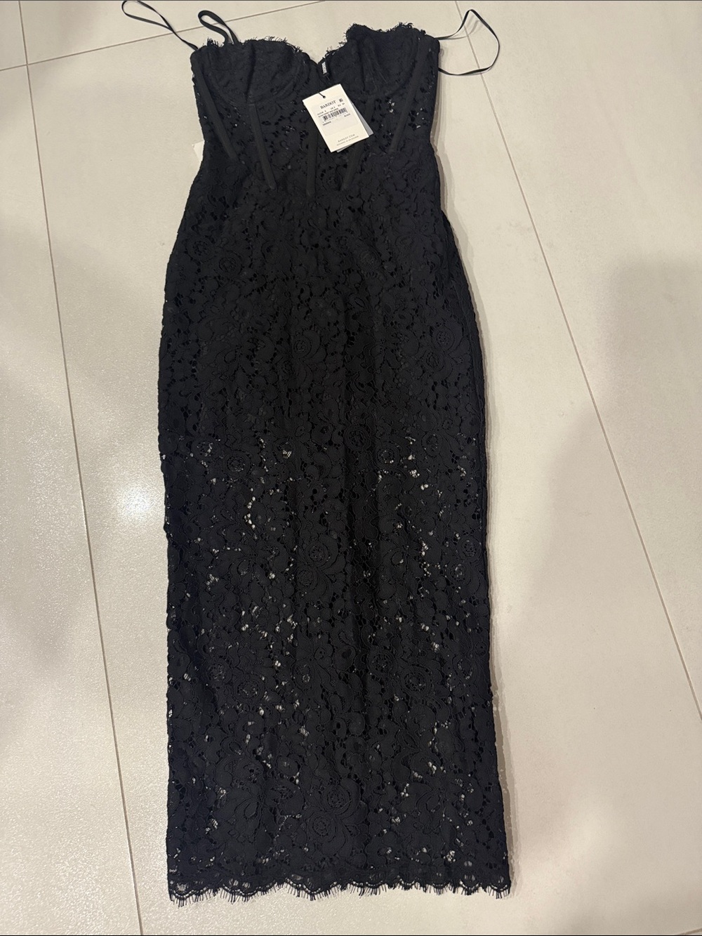 Bardot Black Lace Bustier Midi Dress with Spaghetti Straps